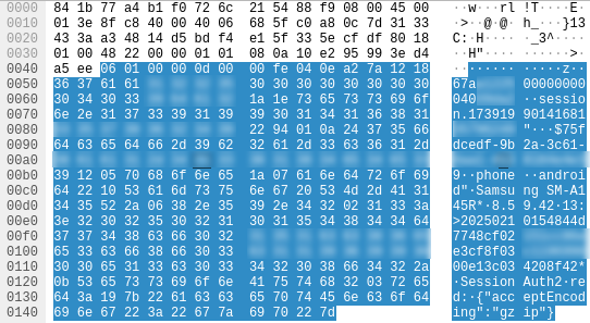 Screenshot of Wireshark with a plaintext-looking portion of a packet highlighted